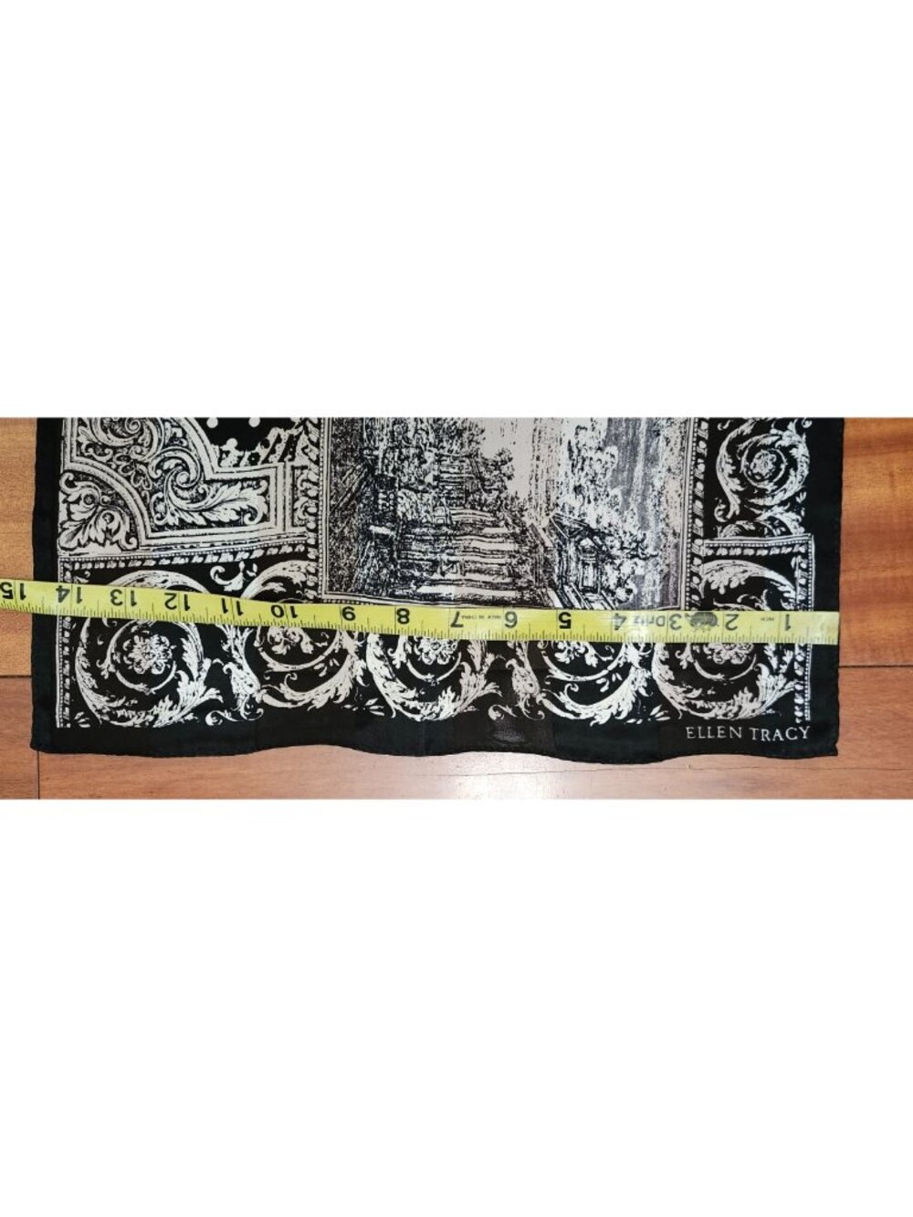 Ellen Tracy 100% Silk Scarf Black White Paris Architecture 58x15 in - Picture 9 of 9